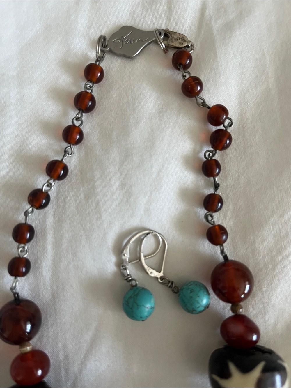Boho Turquoise & Amber Statement Necklace with Star Beads made by Keren - Picture 2 of 4